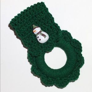 Snowman kitchen towel hanger hand crochet green